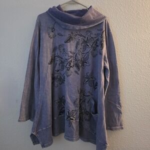 Jess & Jane Top Women's Plus 1X Purple Tunic Abstract Washed Cowl Neck Artsy